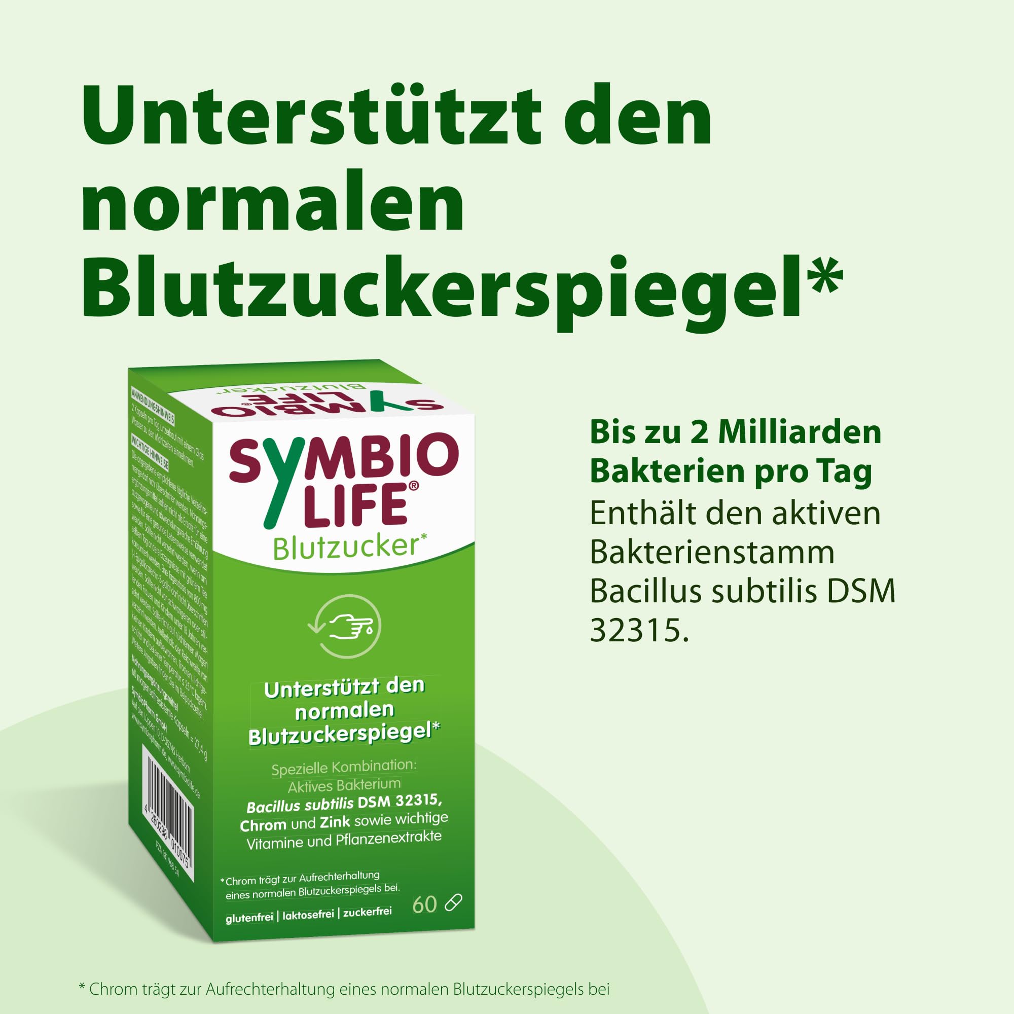 SymbioLife Blutzucker* - Nahrungsergänzungsmittel mit Zink, Chrom und ausgewählten Bakterien - unterstützt den normalen Blutzuckerspiegel* - 60 Kapseln