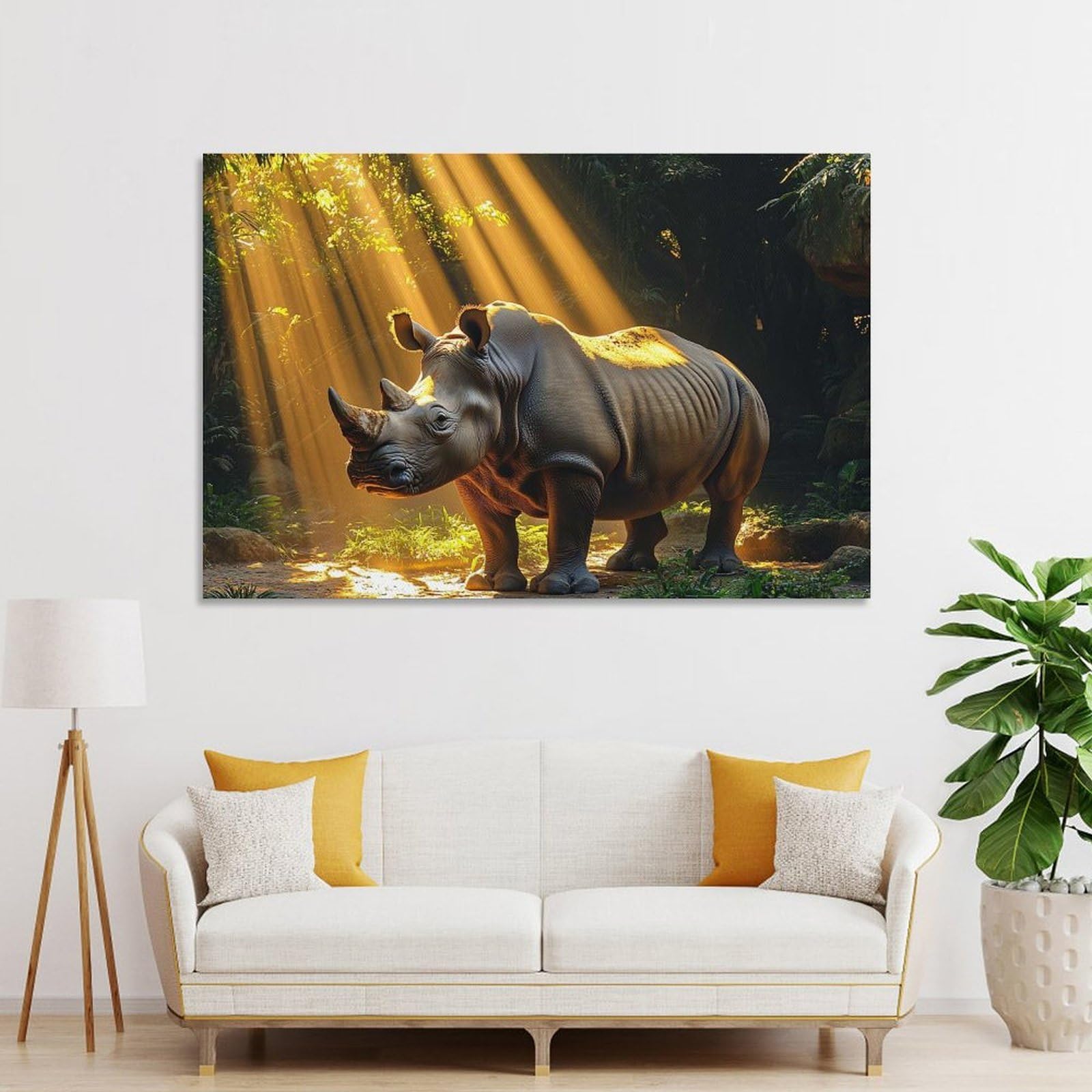 Junmoney Unframe-Style-24 Rhino In The Jungle Sunlight Canvas Wall Decor, 24X36inch(60X90cm), For Wall Displays, Bedrooms Or Room Updates, Wall Decor Suited To Curated Displays