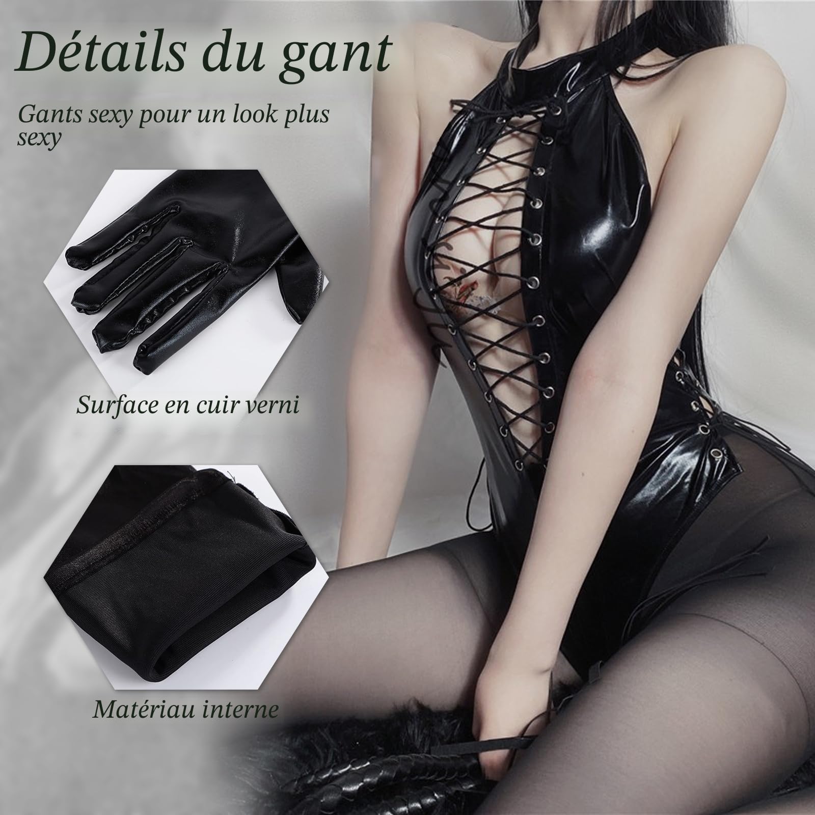 BDSMJOY Lingerie en latex pour femme - Effet mouillé - Ensemble sexy - Avec snocks en latex - Sous-vêtements et gants - Catsuit en latex - Costume sexy pour adulte - Robe de clubwear