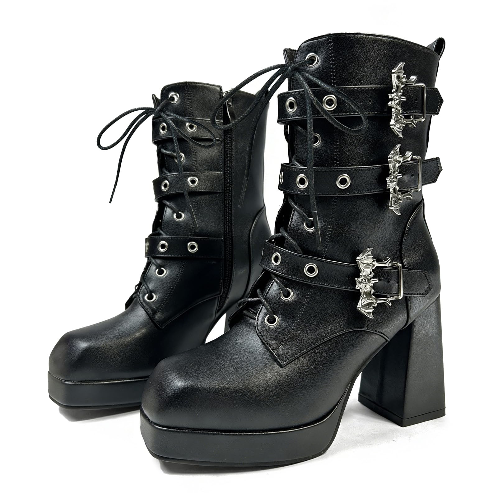 Platform Boots For Women Black Chunky Boot Goth Ankle Booties Bead Lace Lolita Dress Shoes With Zipper