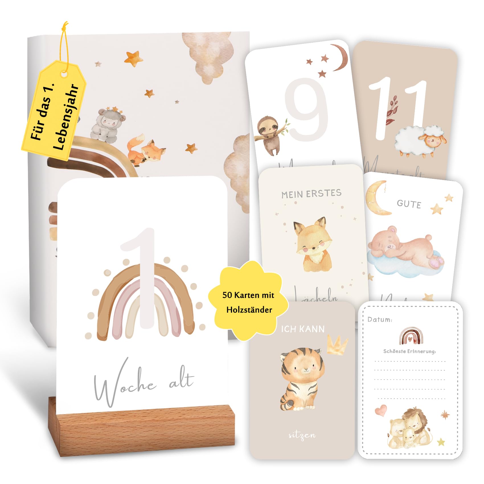 Giftota Meilensteinkarten Baby - 50 Meilensteinkarten inkl. Kartenständer aus Holz - Baby Geschenk für Junge und Mädchen - Boho Stil Meilensteinkarten
