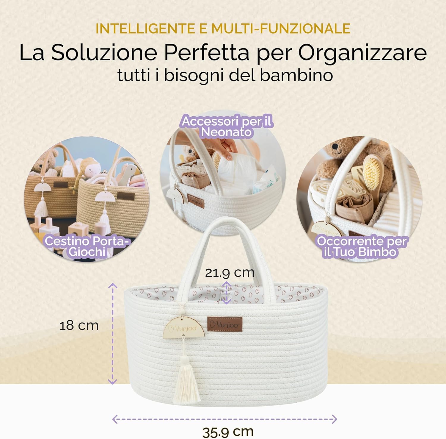 Yunioo Bundle Fasciatoio Neonato con Materassino Impermeabile + Organizer Cestino Porta Pannolini in Corda di Cotone – Set Fasciatoio Completo Regalo Nascita