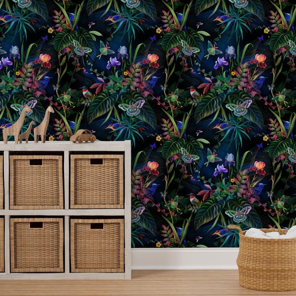 Removable Wallpaper 3ft x 2ft - Tropical Paradise Butterflies Birds Hummingbirds Jungle Custom Pre-Pasted Wallpaper by Spoonflower