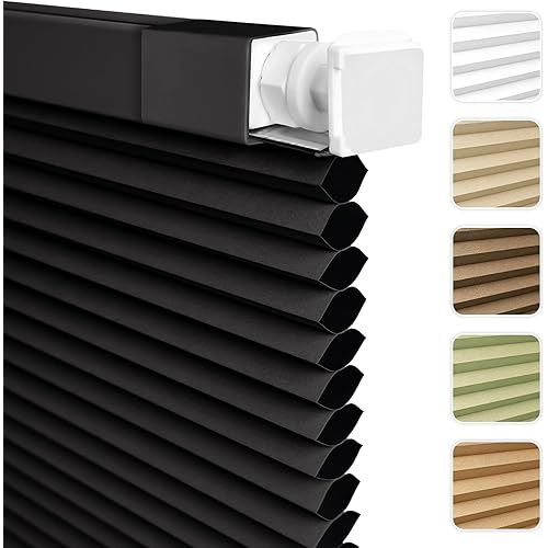 Shade&Beyond No Drill No Tools 22" W X 48" H Black Blackout Cellular Shades Easy to Install for Indoor Windows Cordless Honeycomb Blinds Thermal Insulated Noise Reduction,Custom Size