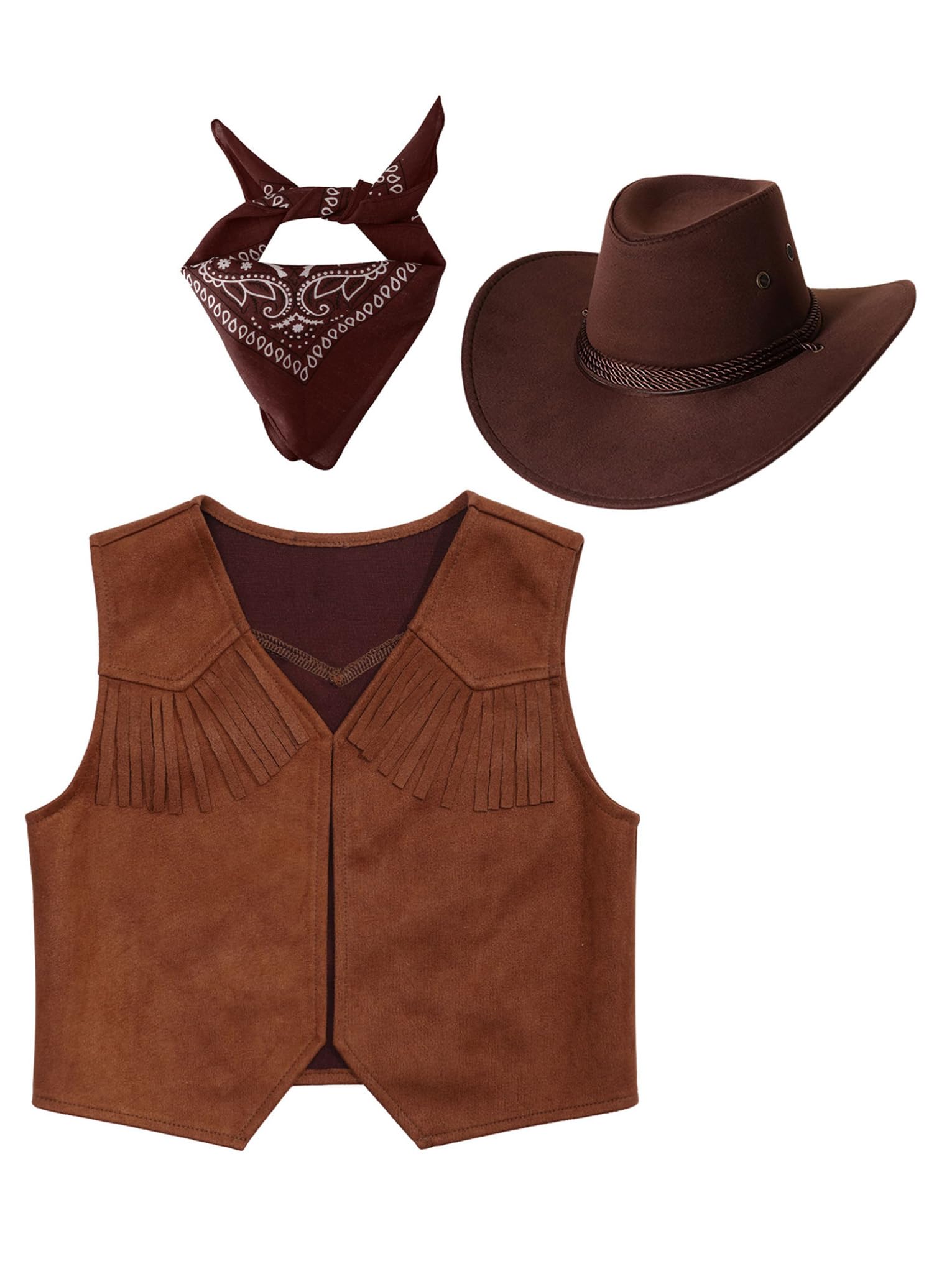 JanJean Children's Cowboy Cowgirl Outfit with Suedette Fringe Waistcoat And Cowboy Hat, 3 Piece Set Brown 15-16 Years