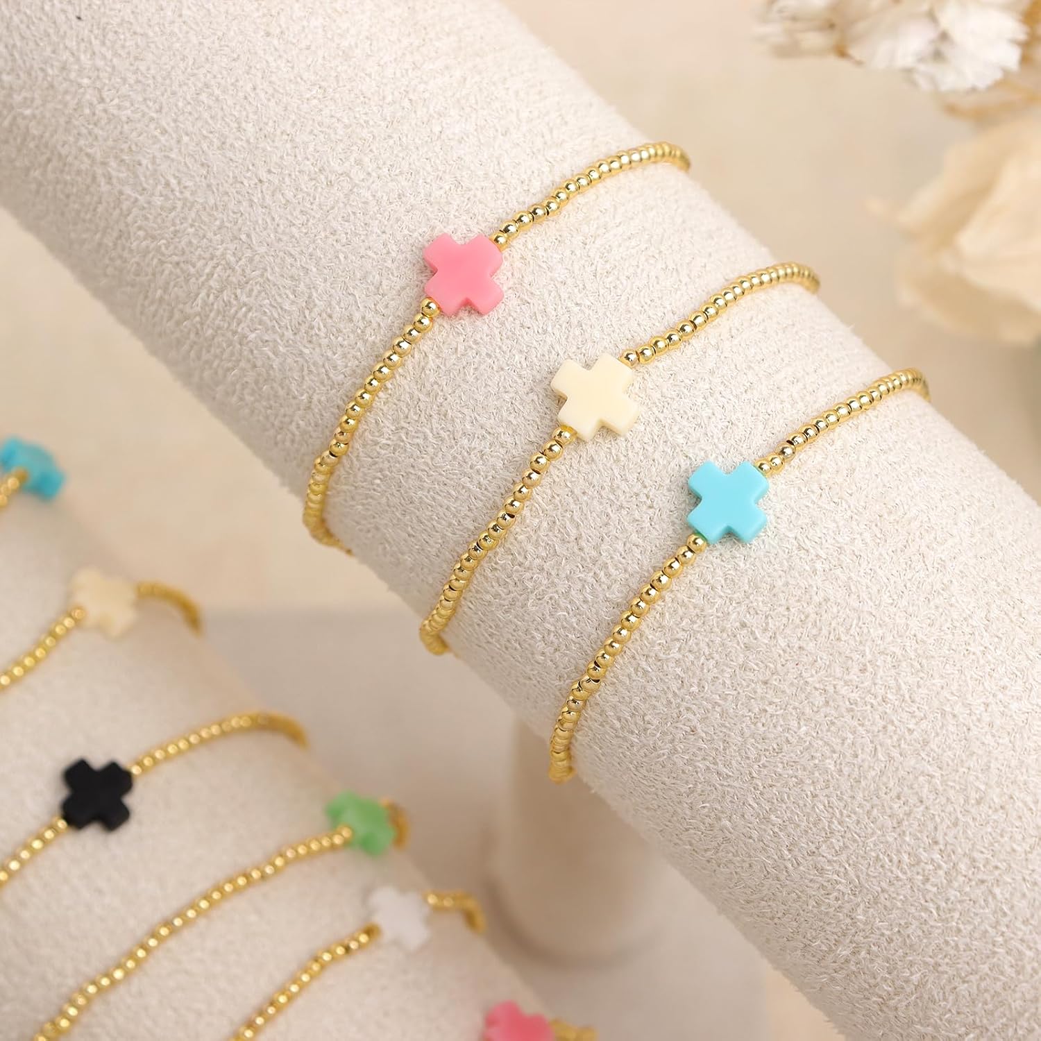 Gold Beaded Stack Colorful Cross Bracelets Stack Set for Women, Boho Handmade Beads Stackable Stretch Friendship Prom Holiday Jewelry Gift. - Image 4