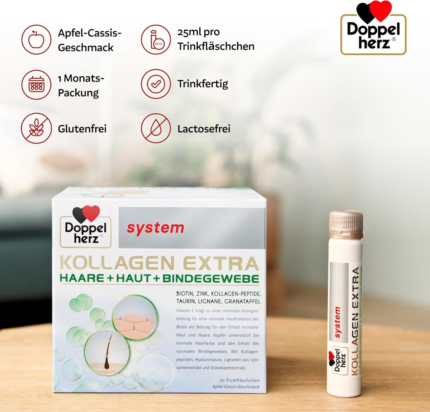 Doppelherz system KOLLAGEN EXTRA - Mit Vitamin C, Biotin + Zink | Biotin als Beitrag für den Erhalt normaler Haut & Haare - 30 Trinkfläschchen