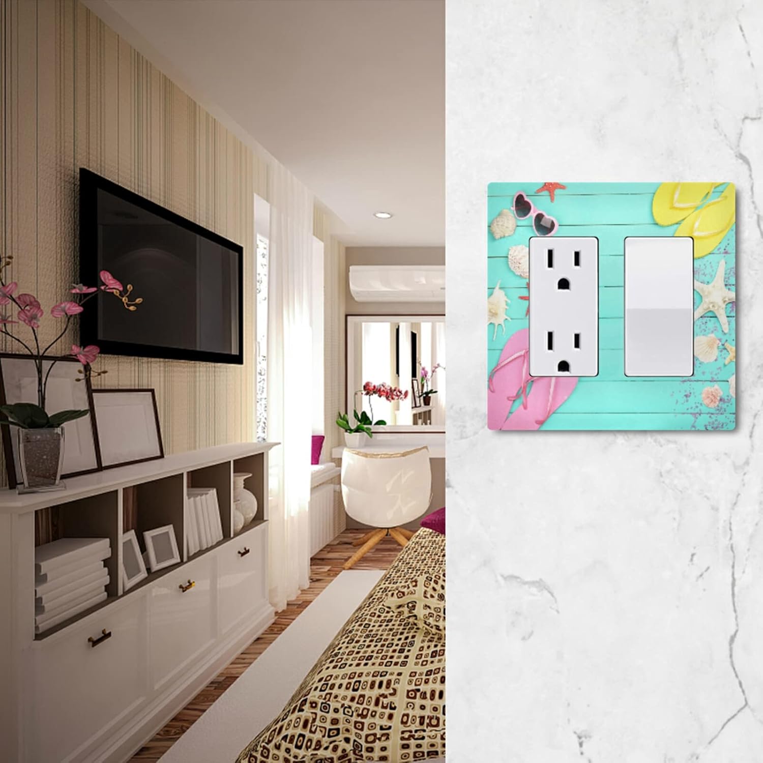 Starfish Seashell Wood Texture Light Switch Cover Tropical Summer Beach Flip-flop Receptacle Outlet Wall Plate 1 Gang Screwless Decorator Wallplates Cover Home Decor H4.6xL2.9 inch