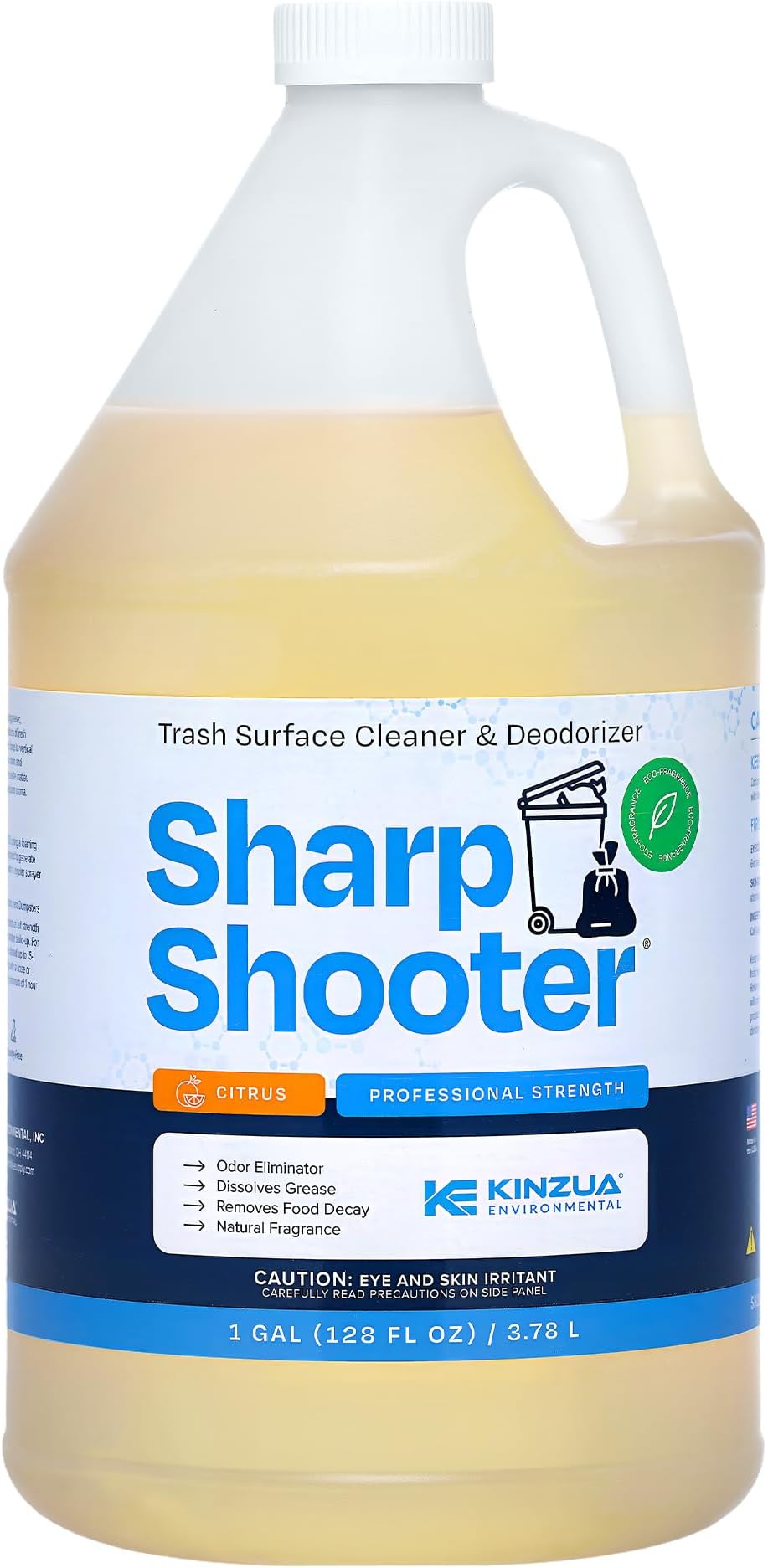Kinzua Environmental Sharpshooter, Heavy-Duty Trash Can Odor Eliminator & Degreaser, Garbage Surface Cleaner and Deodorizer Foam, Professional-Grade, Fresh Citrus Scent, 1 Gallon