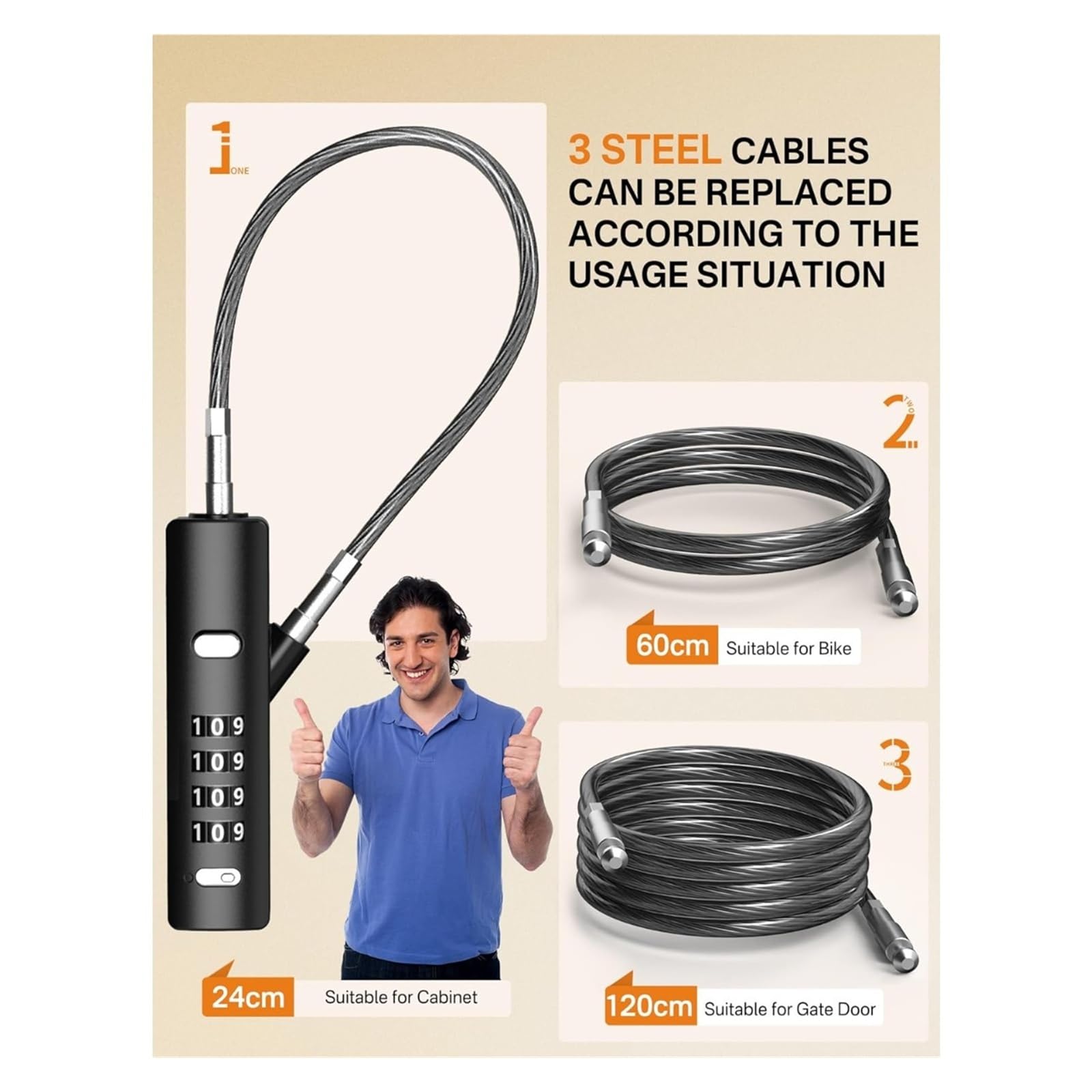 Generico Set da 3 Pezzi Lucchetto con Cavo a Combinazione a 4 cifre in Lega di Zinco e Acciaio temprato Multiuso for armadietti for Biciclette, armadi, recinzioni, Lucchetto for Bici(Black)