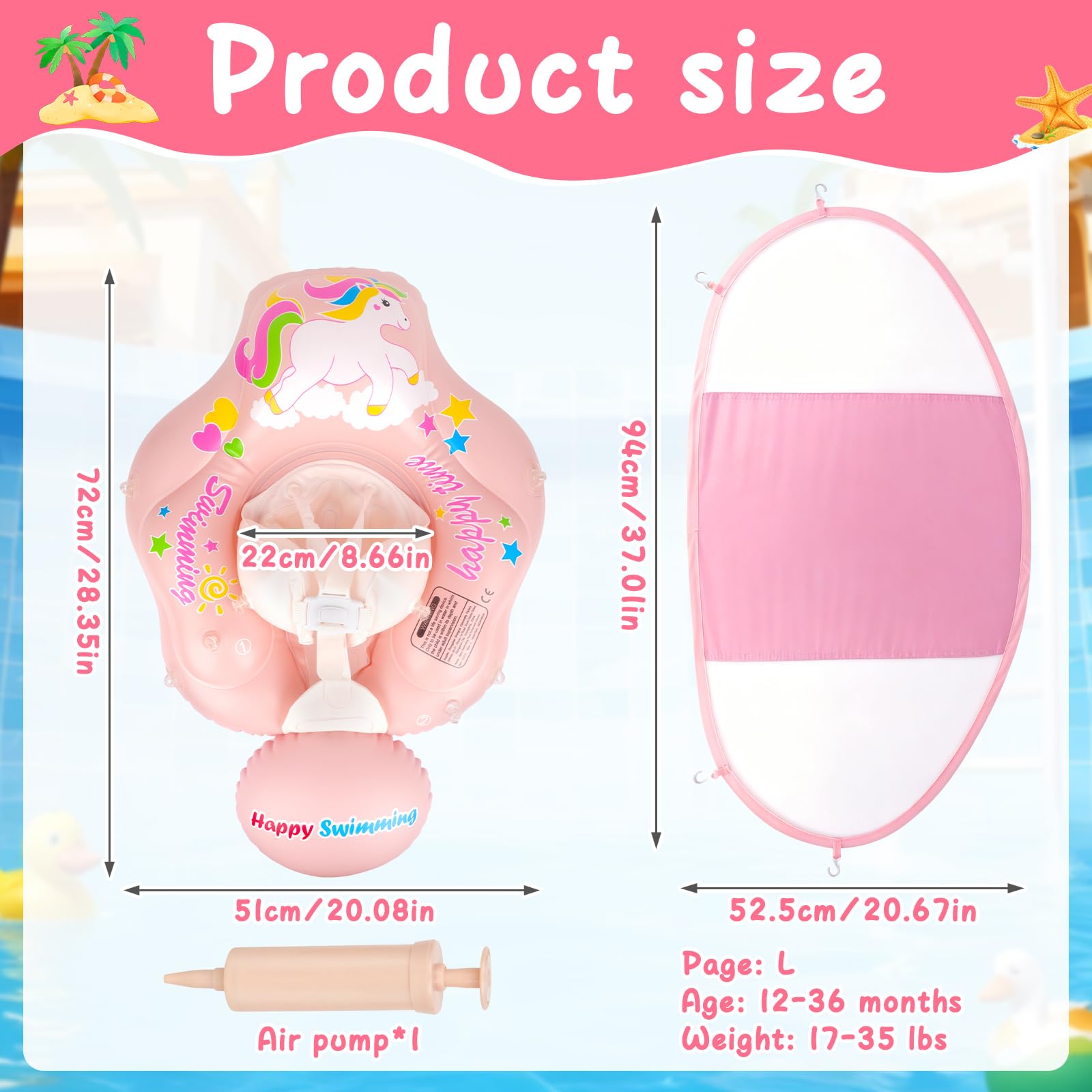 Mineup Salvagente Neonato Con Parasole, Ciambella Neonato Mare, Ciambella Da Nuoto Per Bambini, Seggiolino Gonfiabile Regolabile Con Parasole UPF50+, Galleggiante Per Bambini 12-36 Mesi
