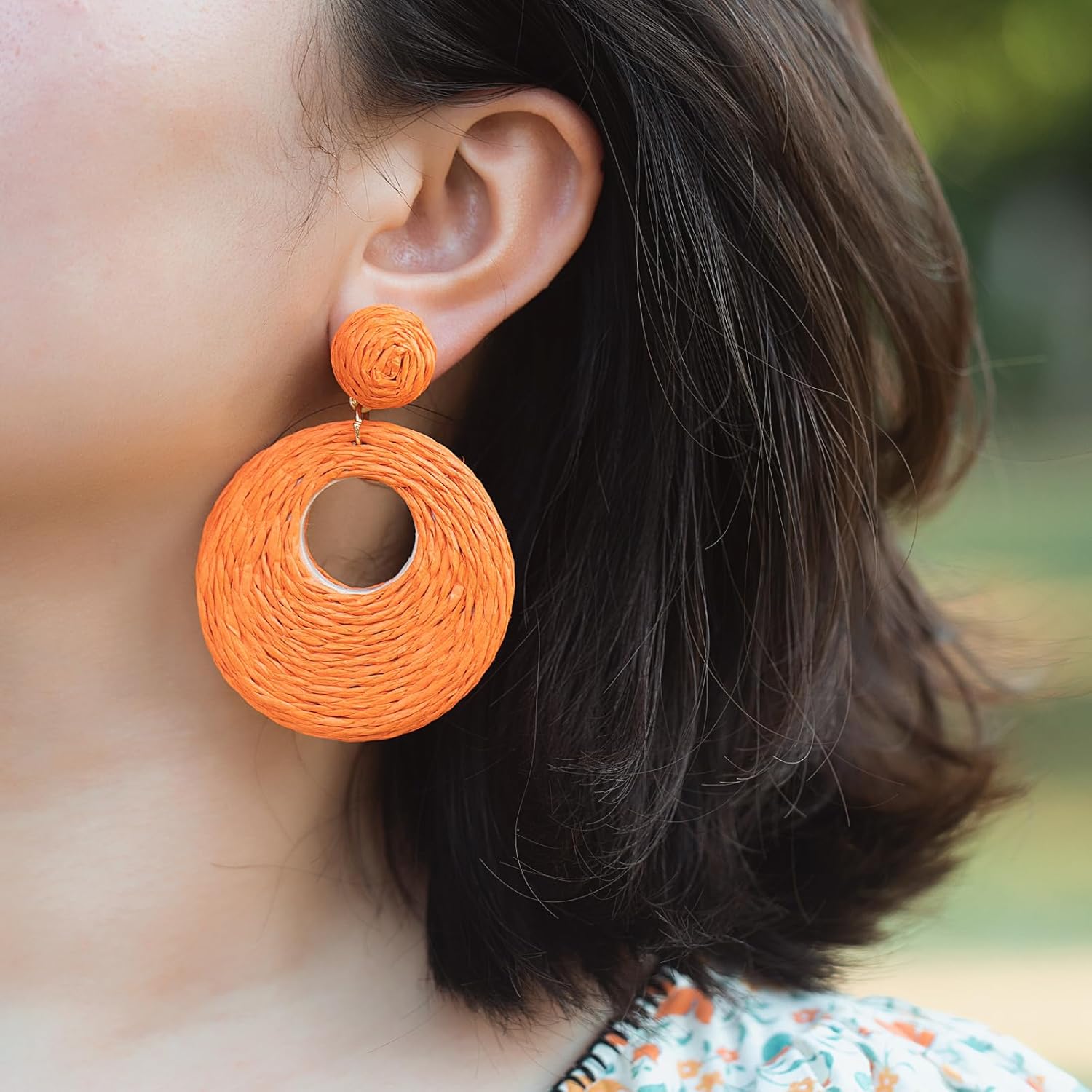 Boho Raffia Statement Circle Earrings - Cute Round Dangle Summer Handmade Rattan Jewelry for Women - Lightweight - Image 2