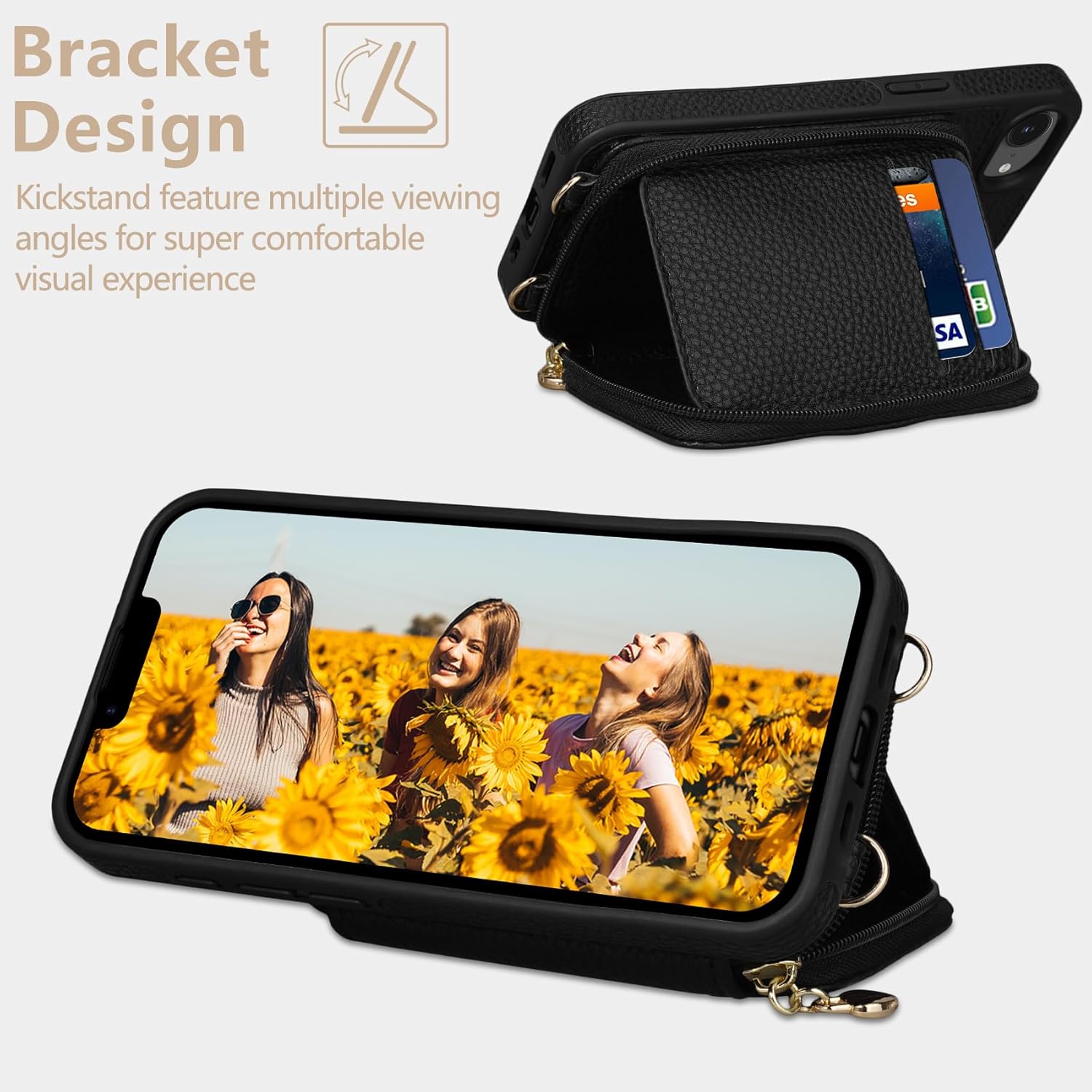 Keallce Case for iPhone 17e 2026 6.1'' Case Wallet, Crossbody Zipper with RFID Blocking Card Slots Kickstand,Handbag Zipper Flip Cover with Wrist Strap for iPhone17e and iPhone 16e Men Women, Black