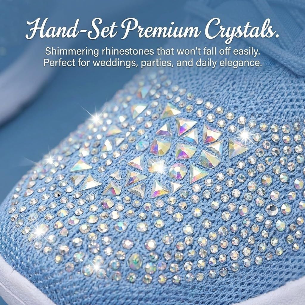 Scarpe da ginnastica ortopediche comode da donna, con zeppa e strass scintillanti, in rete traspirante, con supporto per arco scintillante, scarpe da passeggio per matrimoni eleganti, Azzurro, 39.5 EU