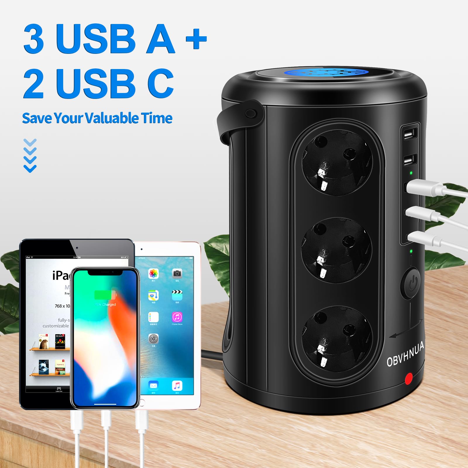 OBVHNUA Torretta Multipresa Verticale, Ciabatta Elettrica, 12 Prese CA 3 Porte di Ricarica USB-A e 2 Porta USB-C con Ricarica Wireless Ciabatta per Viaggi in Ufficio Casa, 2500W/15A