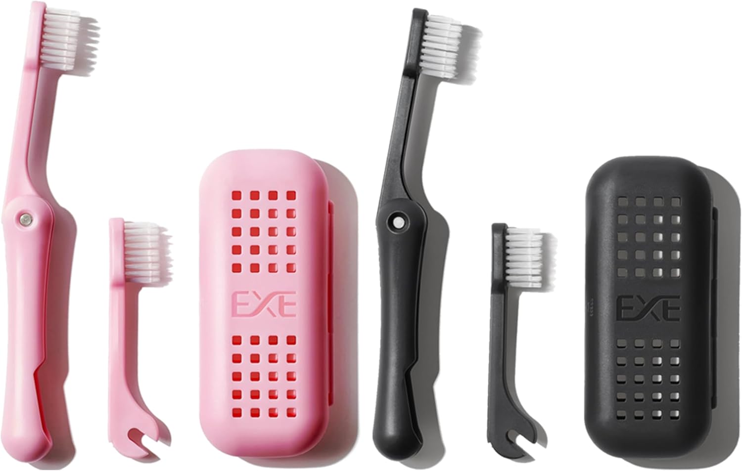 Minibox Folding Travel Toothbrush with Dual-Length Bristles & Case, Compact Mini Design for Business Trips, Camping, and Outdoor Activities, 2 Pack with 2 Extra Replaceable Brush Heads, Black & Pink