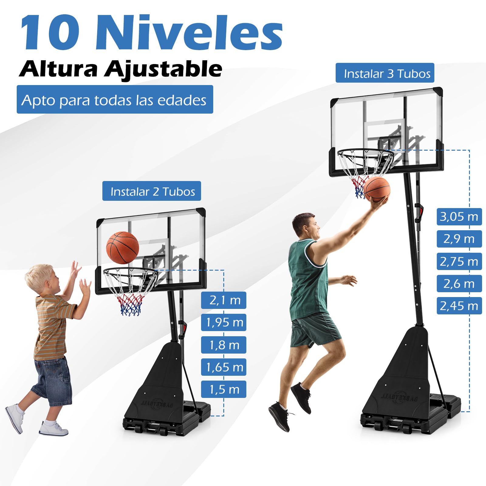 COSTWAY Canasta de Baloncesto Exterior, Altura Ajustable de 1,5 m a 3,05 m, Aro de Baloncesto Portátil PC con Base Rellenable de Agua 60 kg o Arena 150 kg, Canasta de Baloncesto Adolescentes y Adultos