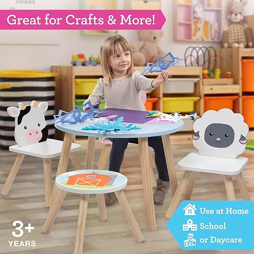 Miniatura 2 de Juego de mesa y silla de animales de madera para niños con 4 asientos, ovejas de cerdo de vaca y taburete para adultos para artes y manualidades,