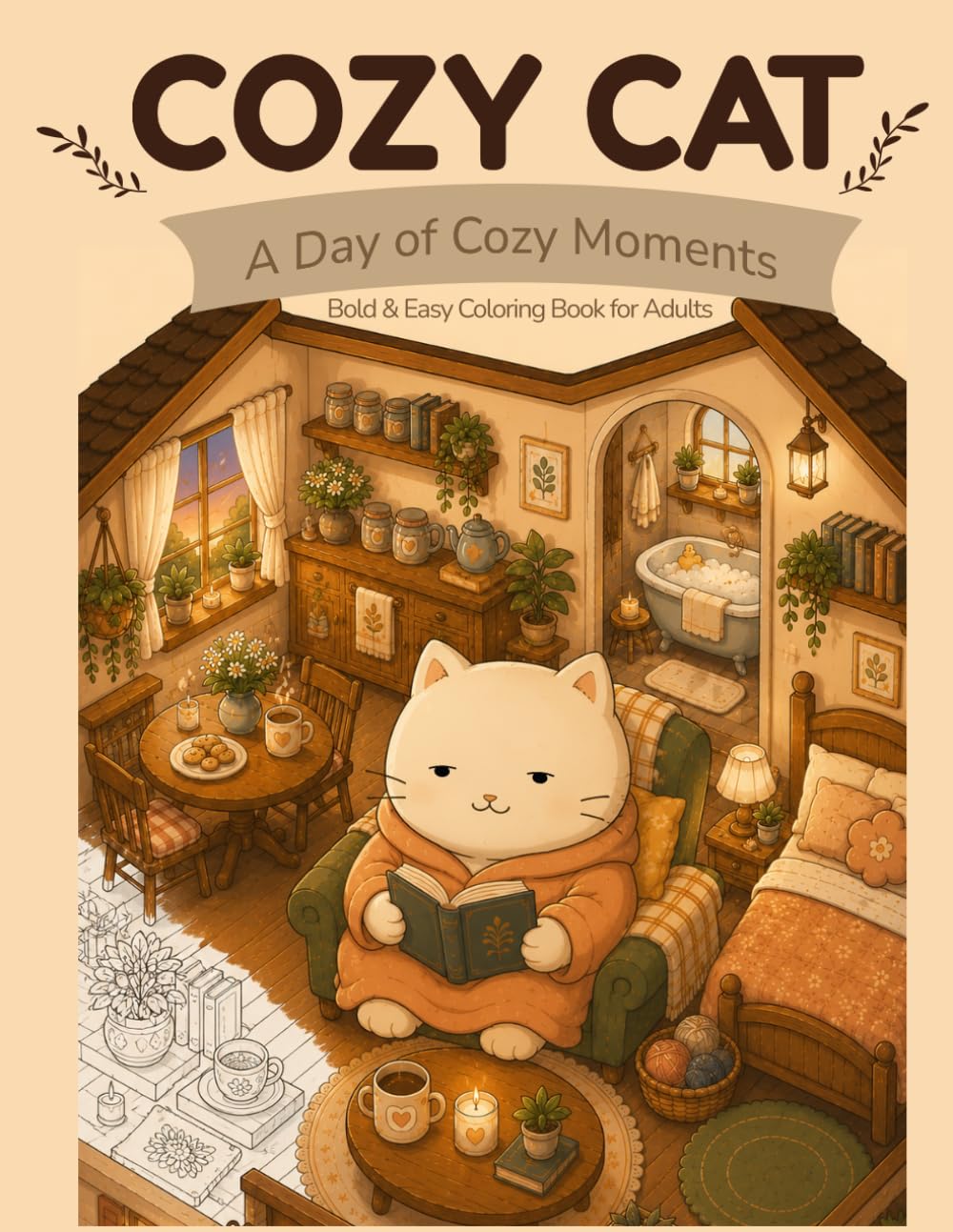 Cozy Cat: A Day of Cozy Moments Coloring Book for Adults: Bold & Easy Cat Coloring Pages for Relaxation and Stress Relief