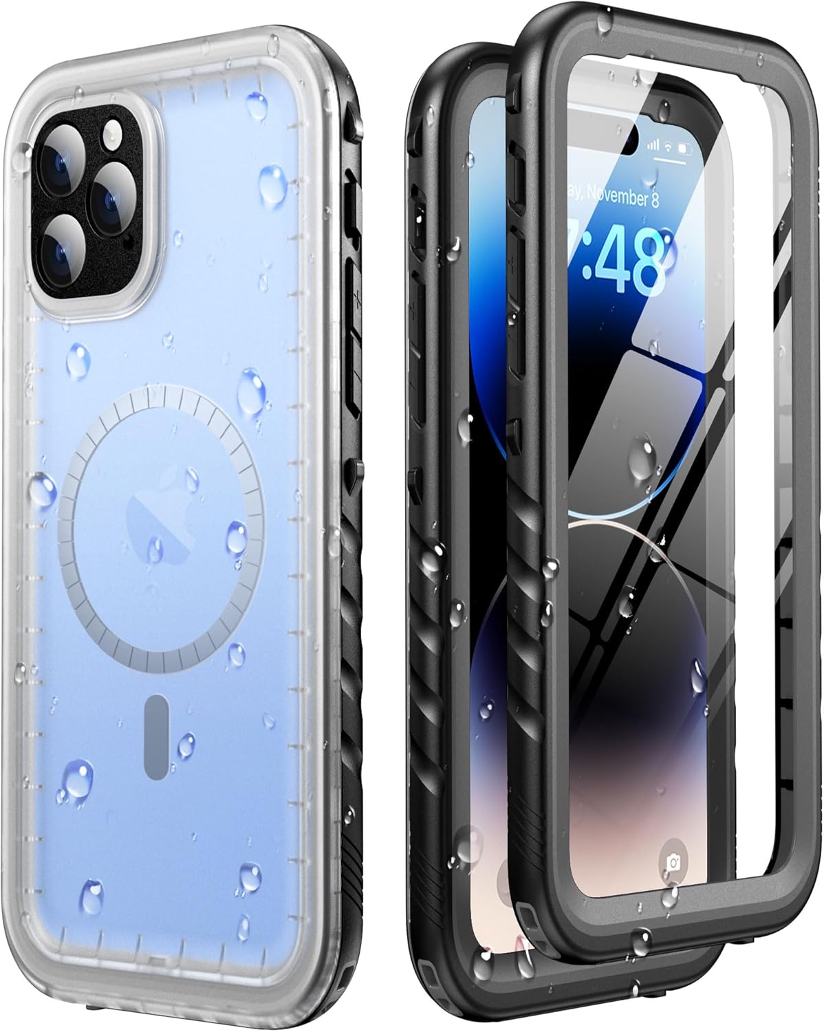 SOKUSIN Magnetic for iPhone 14 Pro Max Waterproof Case - Compatible with Magsafe, Shockproof Drop Dust Proof Case with Built-in Screen Protector, Full Body Rugged Cover, 6.7", Black/Frosted Clear
