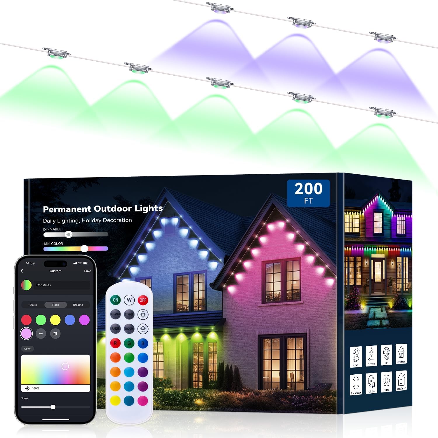 200FT Permanent Outdoor Lights -RGB Eaves Lights with App Control Remote,DIY Scene Modes IP67 Waterproof Outside LED Light for Christmas, Holiday, Daily, House Roof Eternity Lighting