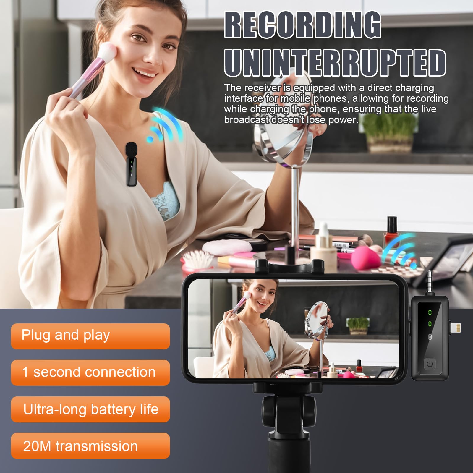 2 Pcs Microfono Wireless Bluetooth, con 3 in 1 Ricevitore Universale, Riduzione del Rumore, Plug-Play, Microfono Lavalier senza Fili per Smartphone Pc Fotocamere, per Podcast Video Live Intervista