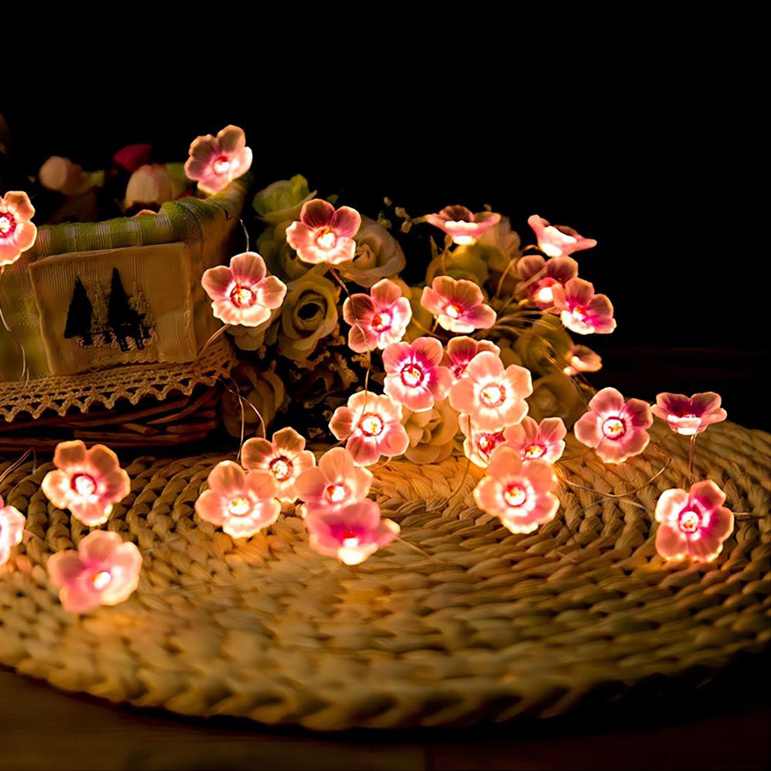 Auting Guirnalda de luces LED con diseño de flores de cerezo, 2 m, guirnalda de flores, guirnalda con 20 luces LED, batería con función de temporización, cadena de luces para decoración de primavera