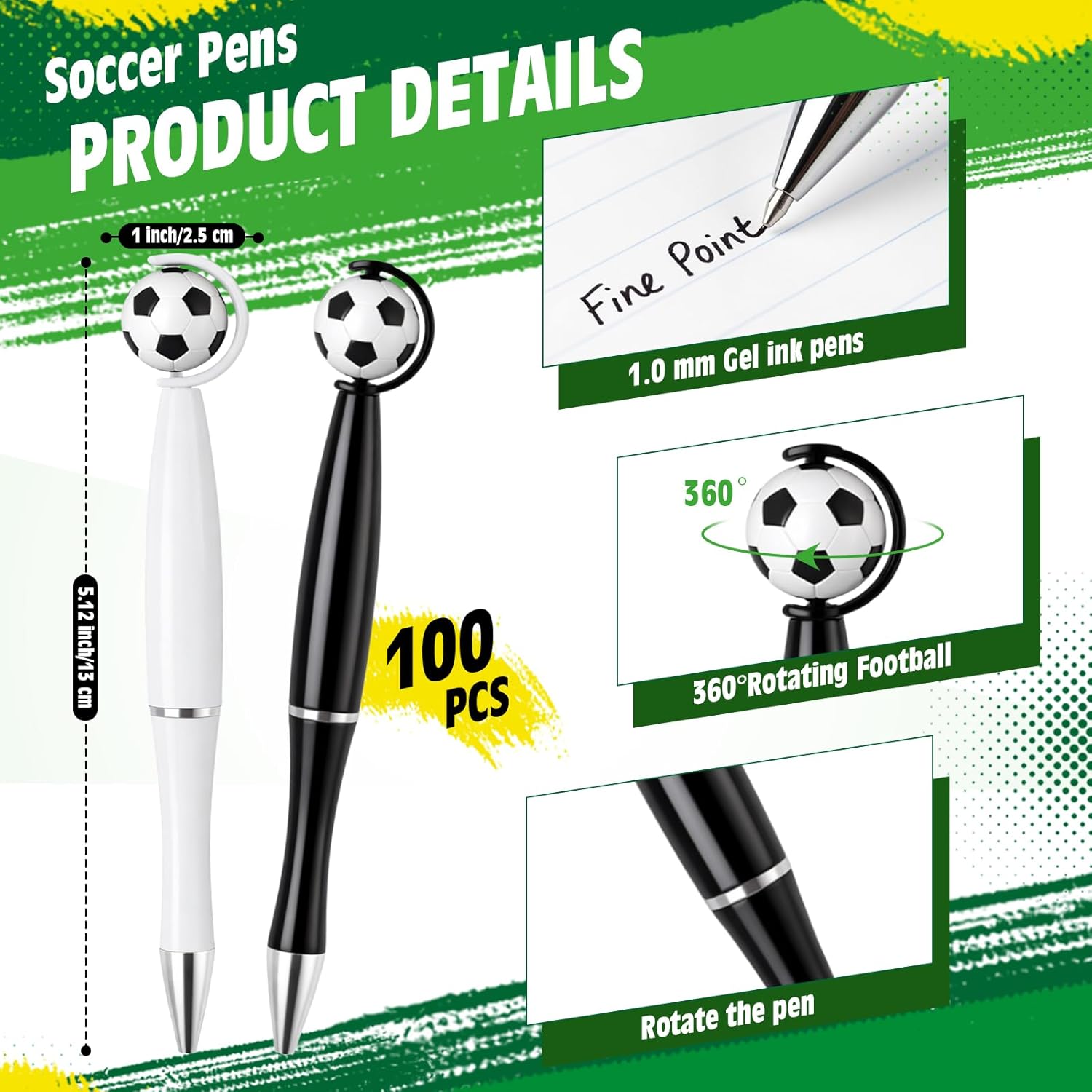 Supervitae 100 Pcs Soccer Pens Bulk Novelty Soccer White and Black Ballpoint Pens 1 mm Black Gel Ink Football Party Favor Gift for Sports Men Women Teacher Nurse Office Home Supply