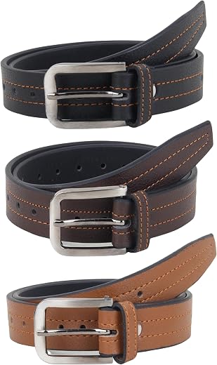 Zacharias Boy's Synthetic Leather Belt for kids (Pack of 3) (kb-21_Black, Brown &amp; Tan) (6-10 Years)