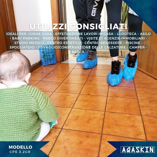 AQASKIN - 100 Copriscarpe Monouso Resistenti 3,2g - Calzari Usa e Getta in CPE - DPI Dispositivi di Protezione Individuale - Pulizia per la Casa - Giardinaggio - Colore BLU - 3