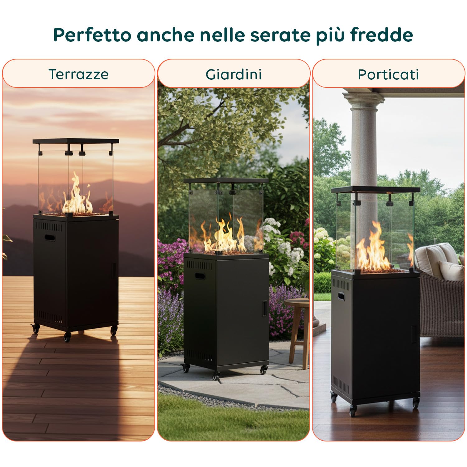Wintem Caminetto a Gas da Esterno Nero 12 kW 15 m² Accensione Piezoelettrica Roccia Lavica Ruote