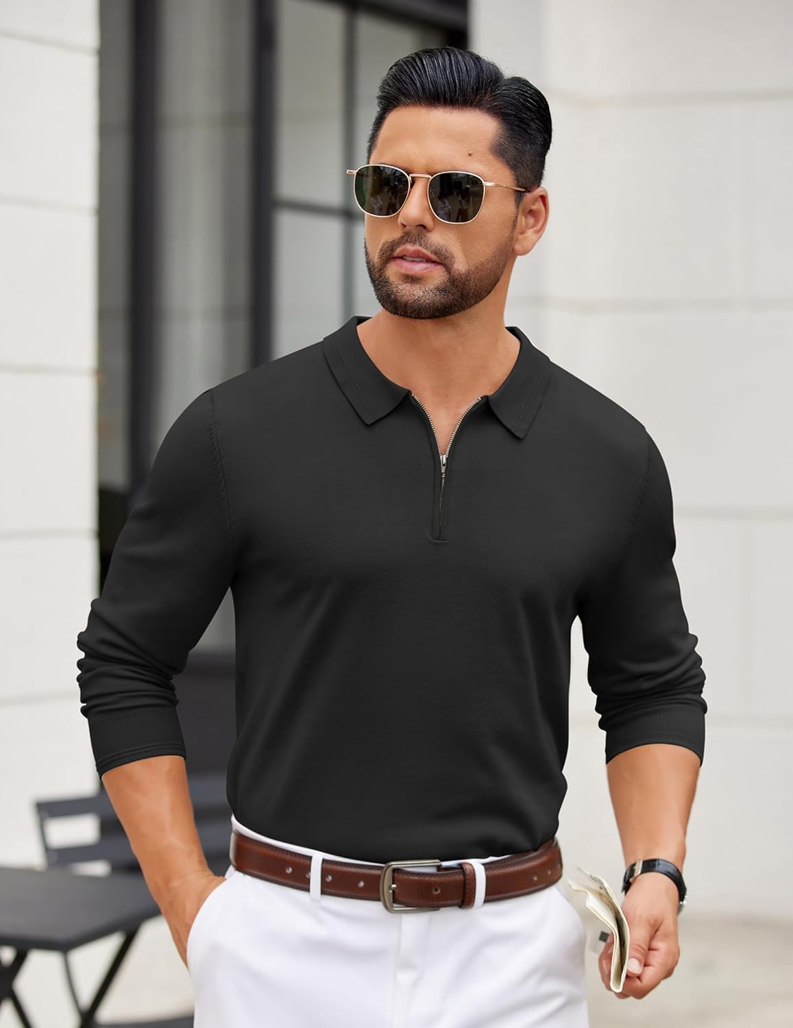 COOFANDY Mens Quarter Zip Polo Sweater Long Sleeve Knit Polo Shirts Casual Lightweight Dress Pullover - Image 2