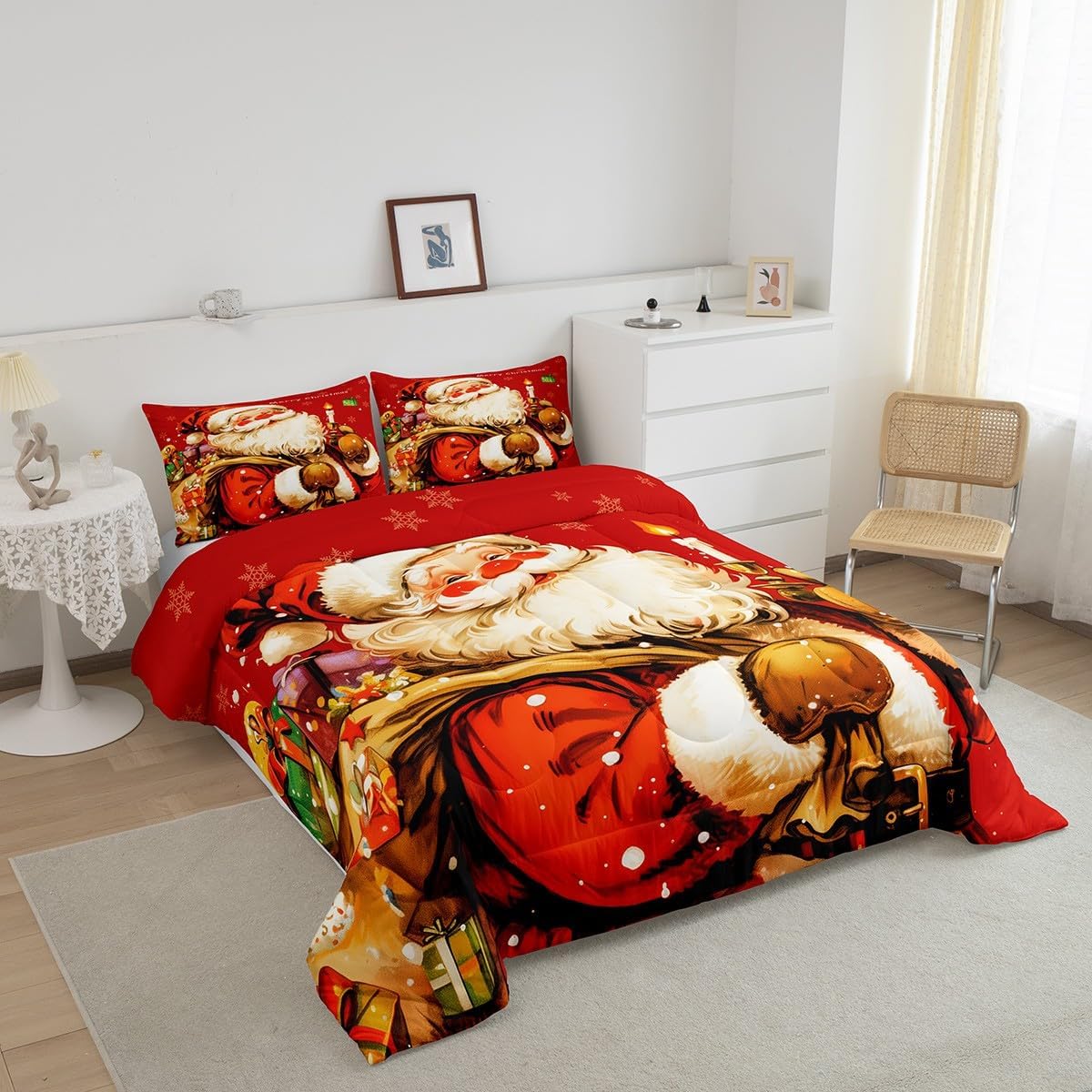 Feelyou Christmas Bedding Set Toddle Size Santa Claus Comforter Set for Kids Boys Girls Comforter Snowflake Duvet Set Purplish Red