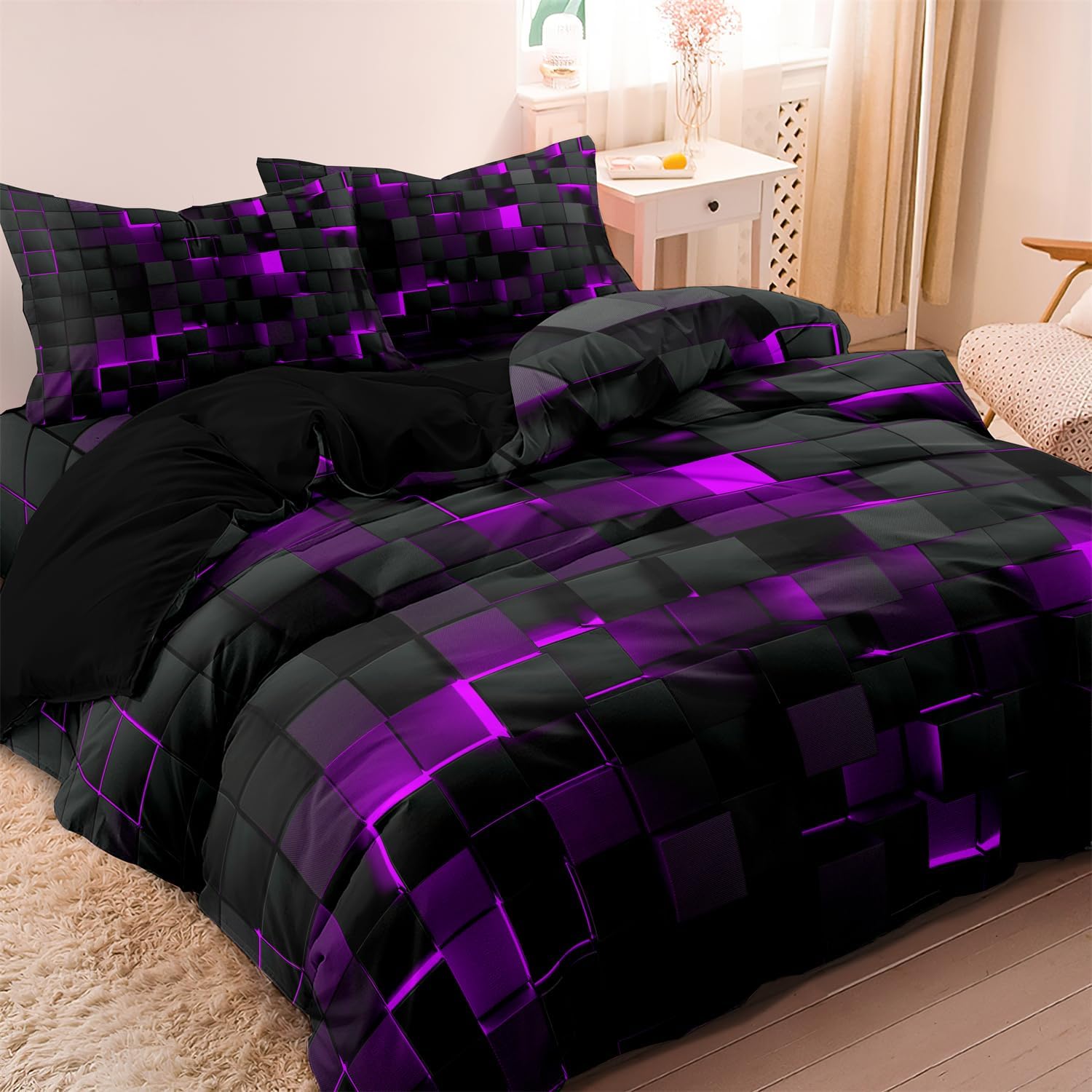 Checkered Duvet Cover Set Twin Size, Purple and Black Grid Printed Quilt Personalized Geometric Square Grid Bedding Set Modern Abstract Check Quilt Cover for All Season (1 Duvet Cover + 2 Pillowcase)