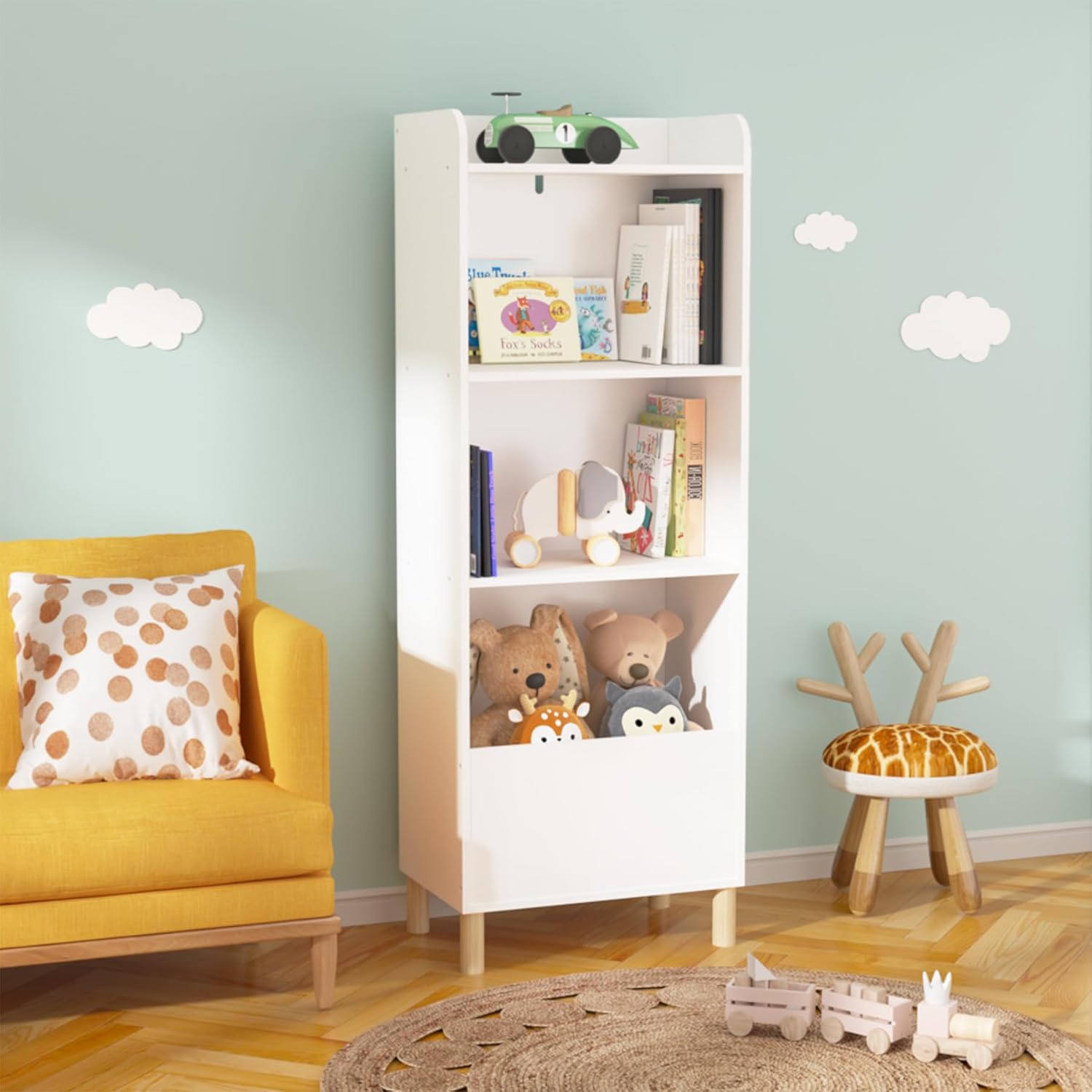 3-5 Tiers Bookcase Bookshelf Storage Cabinet Organizer, White Book Display Nightstand for Bed Room, Playroom, Nursery (5-Tier)