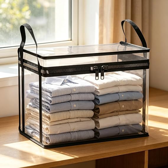 Clear Heavy Duty Storage Bins with Handle & Double Zipper Thick Plastic Moving Bags Waterproof Foldable Organizer for Clothes College Dorm Supplies Alternative to Moving Boxes (Black, Medium)