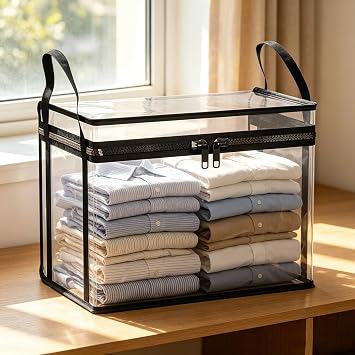 Clear Heavy Duty Storage Bins with Handle & Double Zipper Thick Plastic Moving Bags Waterproof Foldable Organizer for Clothes College Dorm Supplies Alternative to Moving Boxes (Black, Medium)