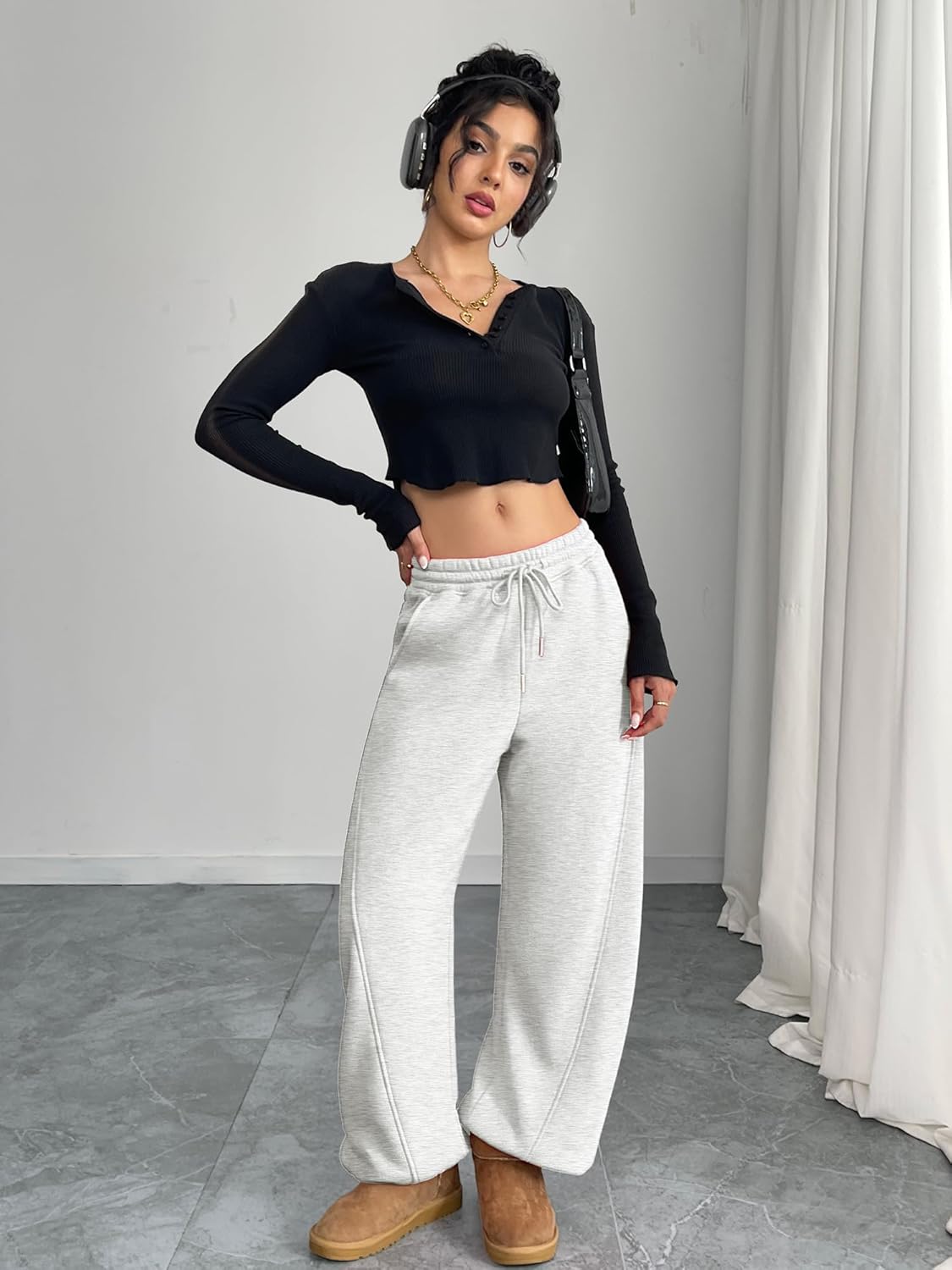 ELLEVEN Women's Fleece-Lined Barrel Leg Sweatpants Pants Casual with Adjustable Ankle Drawstring & Pockets - Image 5