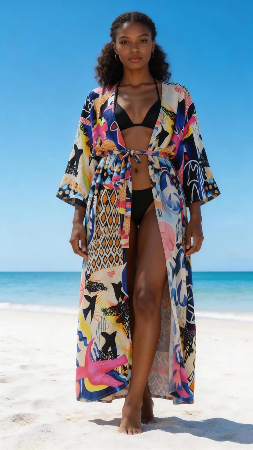 Over Sized Kimonos Women's Geometry Print Rayon Kimonos for Summer Loose Open Front Soft Long Bird
