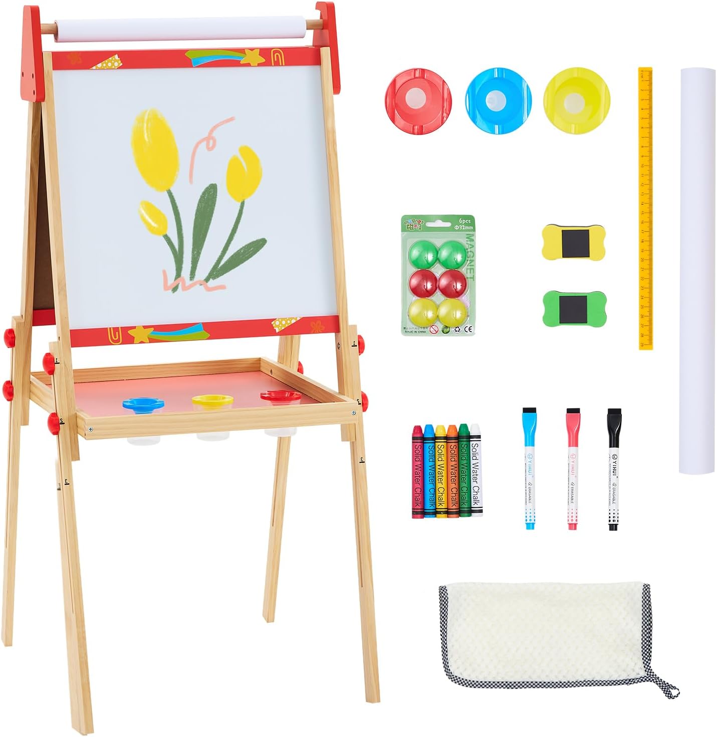 DUMOS Kids Easel Set with Paper Roll, Adjustable Height Double-Sided Magnetic Chalkboard & Whiteboard Art Station for Ages 3+, Dry Erase Board, Gift for Girls and Boys, Red