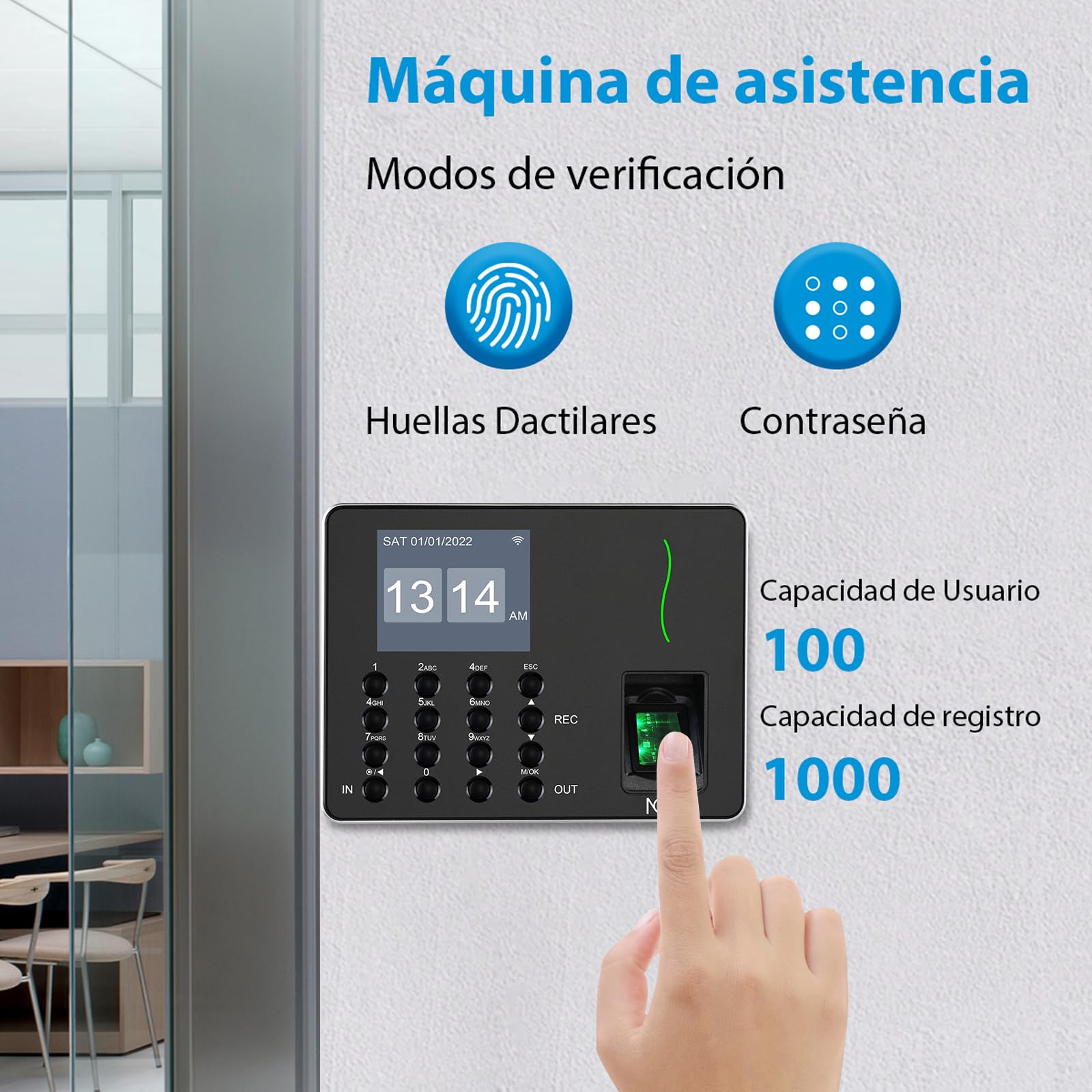 NGTeco Reloj de fichar, Control horario empleados, Máquina de Asistencia Biométrica de Huellas Dactilares WiFi en Lengua española, aplicación para iOS y Android (0 Tarifa Mensual)