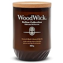 WoodWick ReNew Candela profumata con stoppino scoppiettante|Candela grande di Incense & Myrrh|Miscela di cera di cocco e soia a base vegetale|Realizzata con materiali riciclati|Doni perfetti per donne