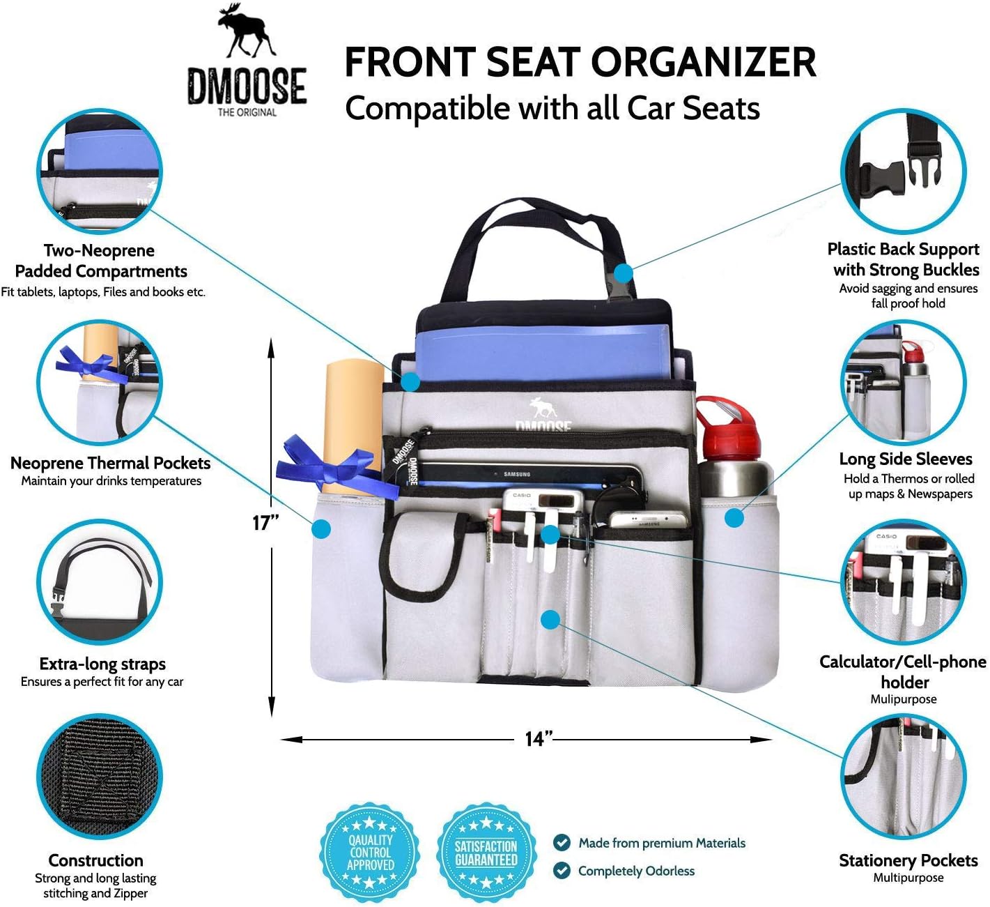 DMoose Car Front Passenger Seat Organizer with Laptop & Tablet Storage (17” x 14”) – Adjustable Strap, Strong Buckles, Neoprene Thermal Pockets (Grey)