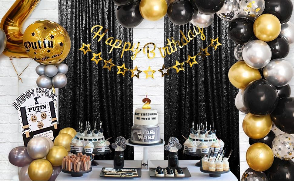 Image of Black Sequin Backdrop Curtains 6 Pieces 2FTx8FT Shimmer Birthday Wedding Photograph Baby Shower Decoration Backdrop Fabric for Christmas Party Decoration