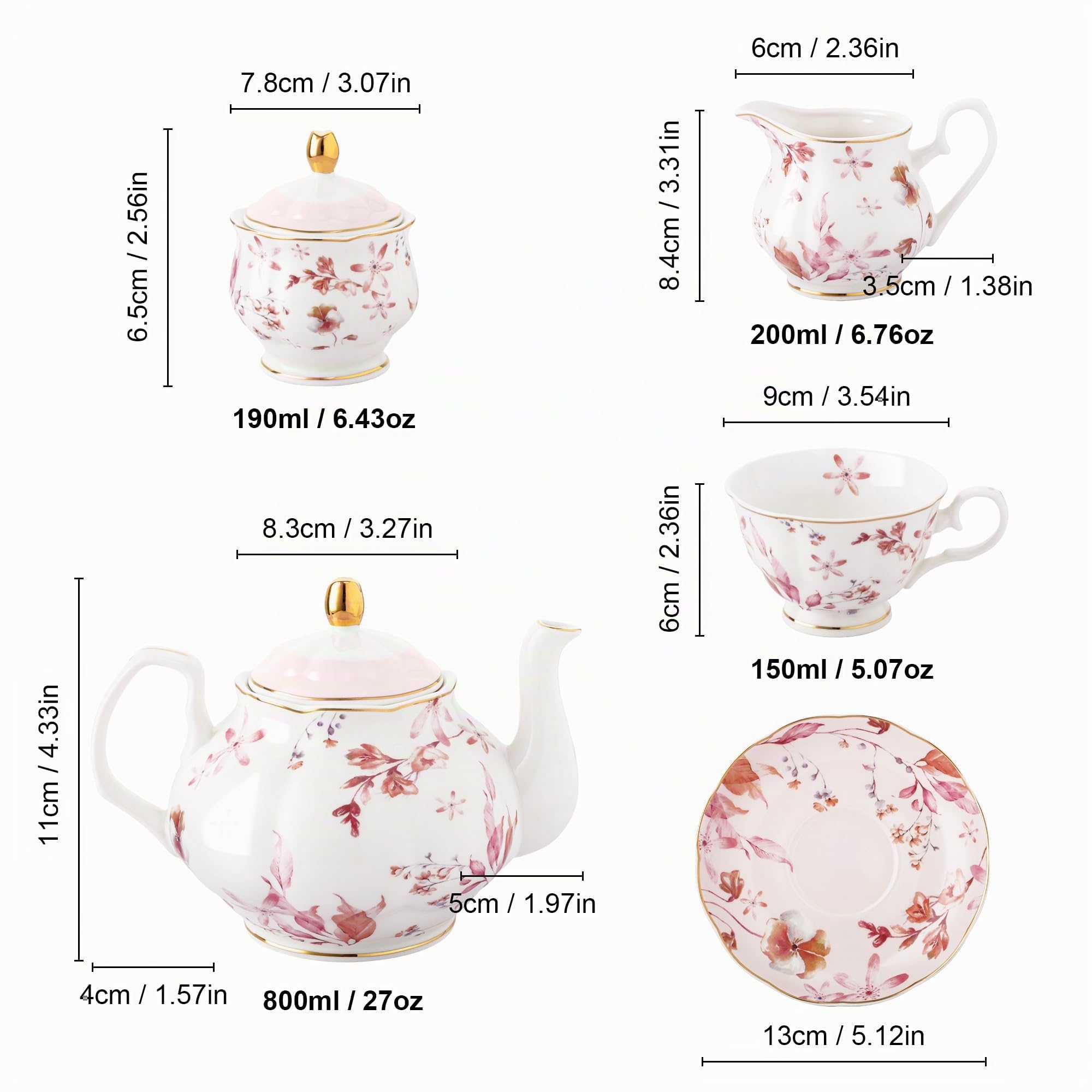 fanquare Juego de Té de Porcelana Británica de 21 Piezas con Borde Dorado, Hojas de Otoño rosas Juego de Café Floral para Mujeres Fiesta de Té, 6 Tazas de Té y Platillos para Café Boda en Casa