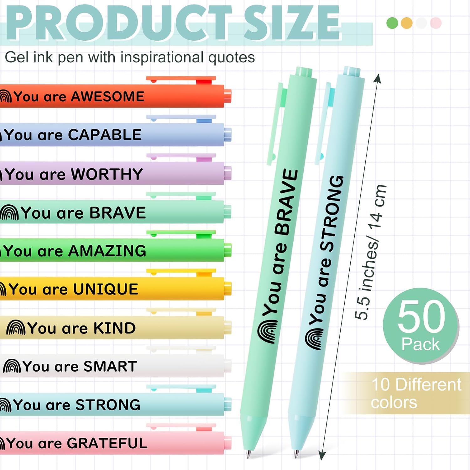 50 Pcs Motivational Gel Ink Pens Bulk with Different Inspirational Quotes Cute Pastel Inspirational Ballpoint Pens Bulk Smooth Writing for Thank You Gifts Teachers Student Coworkers Staff Volunteer