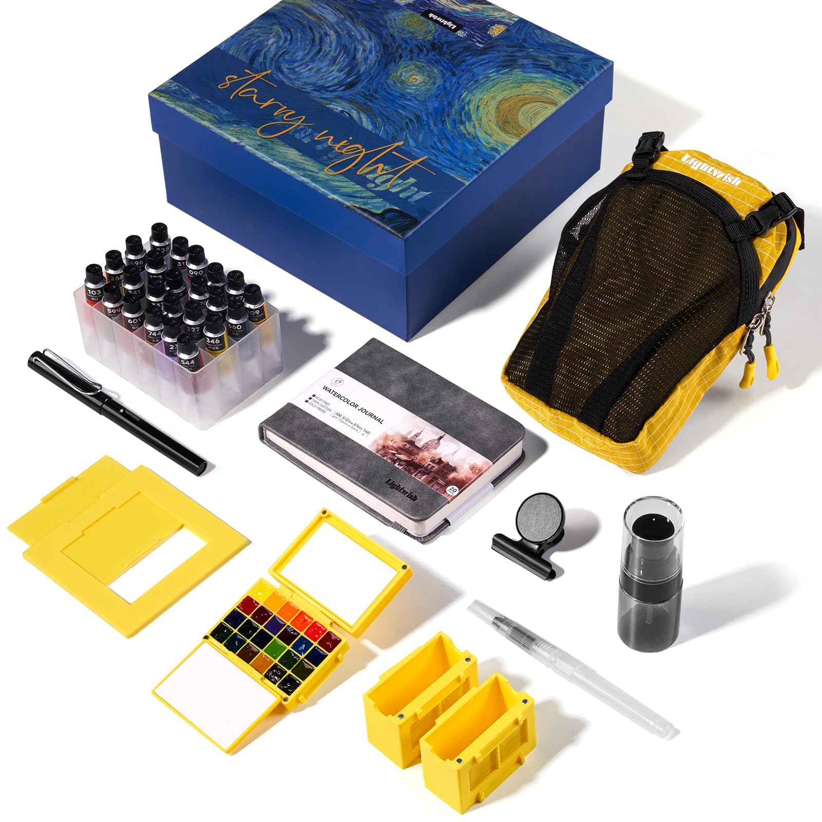 LIGHTWISH Set Acquerello Portatile 24 Colori, Kit Pittura Completo con Pennello ad Acqua, Quaderno Acquerello, Paletta Ceramica, Mirino, per Schizzo Esterno per Artisti e Principianti, Giallo
