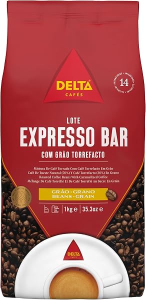 Delta Cafés - Expresso Bar - 1 kg de Café en Grains - Intensité 10 - Mélange de Grains de Café Torréfiés Arabica et Robusta - Intense et Stimulant avec des Notes de Caramel et Noix Grillées - 1