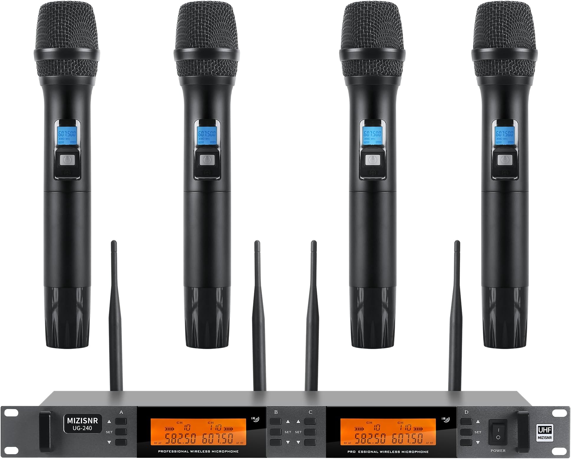 Wireless Microphone System 4 Channel, UHF Metal Cordless Handheld Mics Set - 200 Adjustable Frequencies, Auto Scan & Memory Function, 300ft Range, Ideal for Karaoke Church Wedding（UG-240