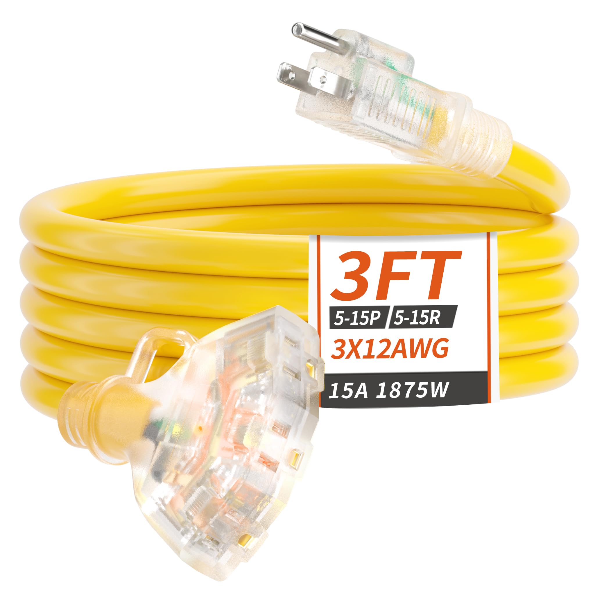 PlugSaf 1 FT Yellow Outdoor Extension Cord -10